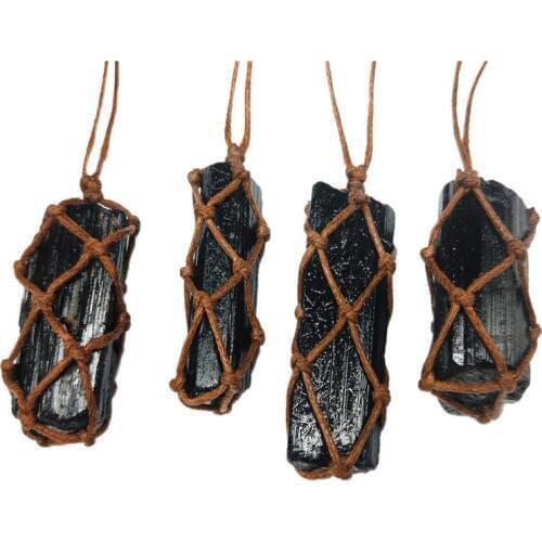 1 Pcs Natural Black Tourmaline Retro Raw Gemstone Pendant Crystal Hand-Woven Jet Stone Ore Radiation Protection Stone Craft