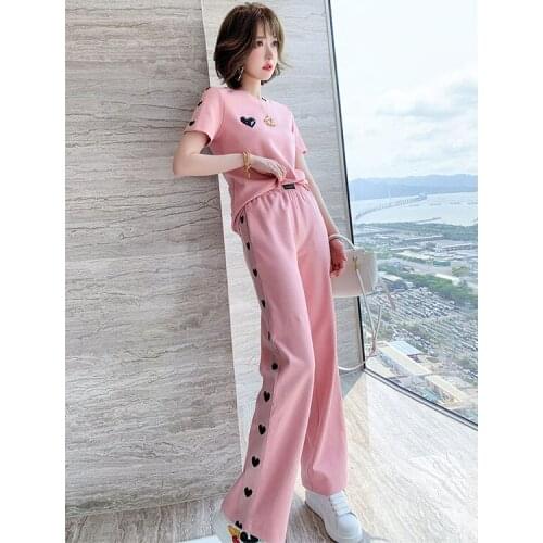 Casual round Neck All-Matching T-shirt Love Jacquard High Waist Wide Leg Pants Suit Womens Clothing 2021 Spring and Summer New