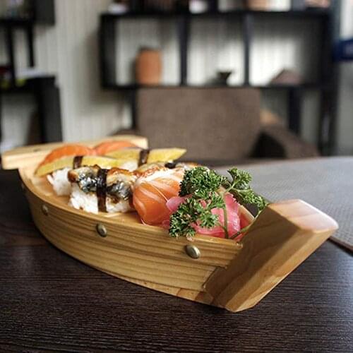 Practical Wooden Sushi Plate Boat Shaped Dish Japanese Style Snack Tray Serving Dish for Home Restaurant Size L M S A50
