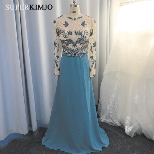 Real prom dresses 2020 crew neckline beaded beading crystal long sleeve chiffon turqurise blue evening dresses