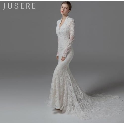 Jusere v-neckline long sleeves bridal dress sexy back wedding dress bridal gown mermaid beaded dress