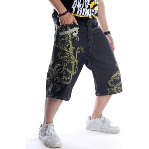 Loose XL Denim Shorts Mens Youth Hip-hop Character Embroidery Medium Pants Tide Fashion Summer Trousers