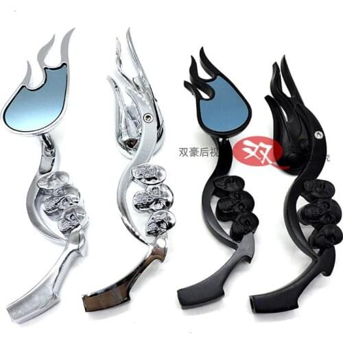 2pcs/Set Universal 8mm 10mm Thread Custom Cool Flame Skull Motorcycle Rear View Side Mirror Chrome Black Mirrors For Motorbike