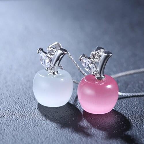 S925 sterling silver small apple pendant for women preppy simple and lovely with pink and white opal apple necklace