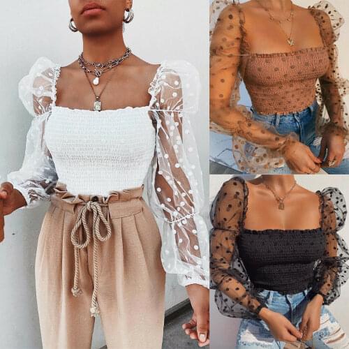 Elegant Sexy Wild Blouse Women Ladies Wave Dotted Sexy Mesh Puffy Long Sleeve See Through Square Collar Slim Shirt Top