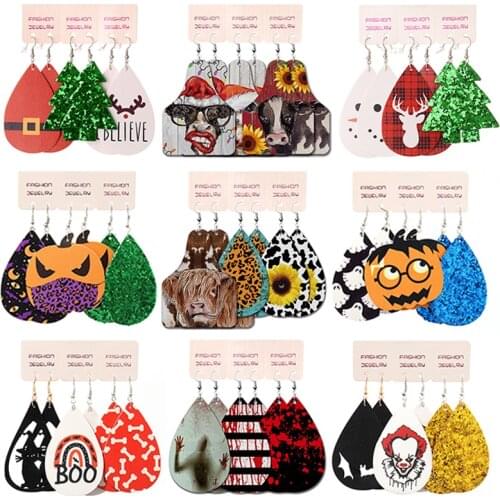PU Leather Halloween Earrings For Women Terror Dizzy Love Party Unique Originality Pattern Dangle Christmas Earring Sets