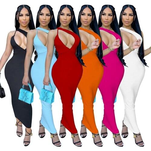 Sexy Summer Black Red Sleeveless One Shoulder Maxi Dress Women Backless Hollow Out Wrap Dress Party Bodycon Pencil Dress