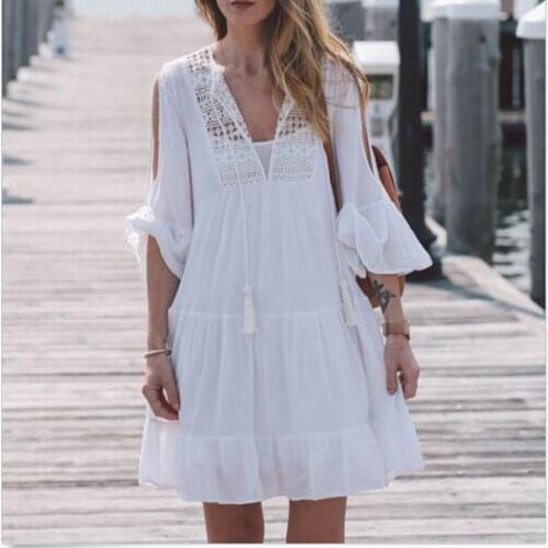 Women Summer Beach Bikini Cover Up Kaftan Sarong Shirt Dress Lace V Neck Flare Sleeve Skirt Swimwear Beachwear Bathing Suit