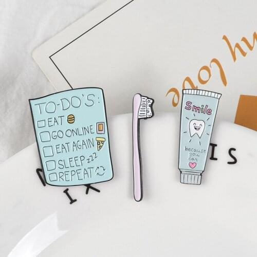 Toothpaste Toothbrush To Do List Enamel Pins Cartoon Daily Supplies Pin Brooch For Women Men Kids Lapel Pin Badges Cute Jewelry