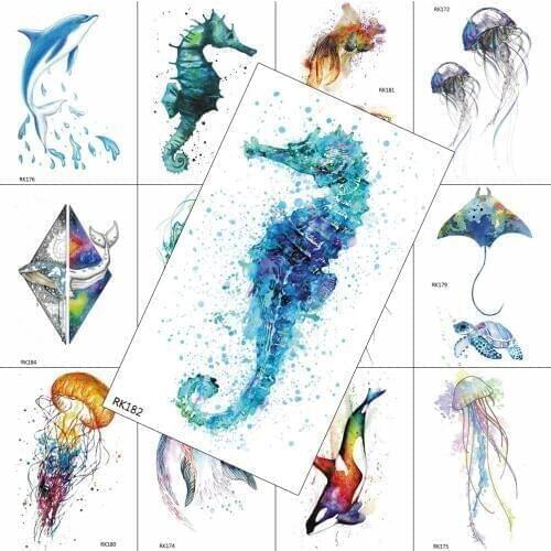 Watercolor Seahorse Temporary Tattoos Fake Body Art Drawing Arm Legs Tattoos For Men Women Kids Fashion Realistic Sheets Sticker