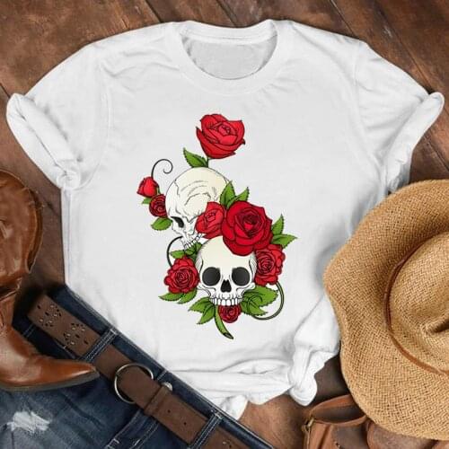Female Graphic Printed Casual T-shirt Women Summer Cartoon Skull Rose Elegant Fall Autumn Shirt Clothes Tshirt Tee Womens Tops