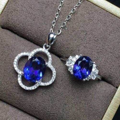 KJJEAXCMY boutique jewels 925 sterling silver inlaid natural blue topaz pendant + necklace + ring set new outfit chrysanthemum o