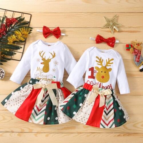 FOCUSNORM 0-24M Infant Baby Girls Christmas Clothes Sets 3pcs Deer Printed Long Sleeve Romper Rainbow Striped Bow A-Line Skirts