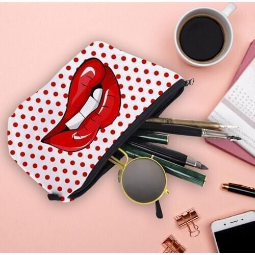 Creative Cute Printing Makeup Bags With Red Dot Lip Pattern Organizer Bag For Portable Travel Ladies Pouch Women Cosmetic Bag