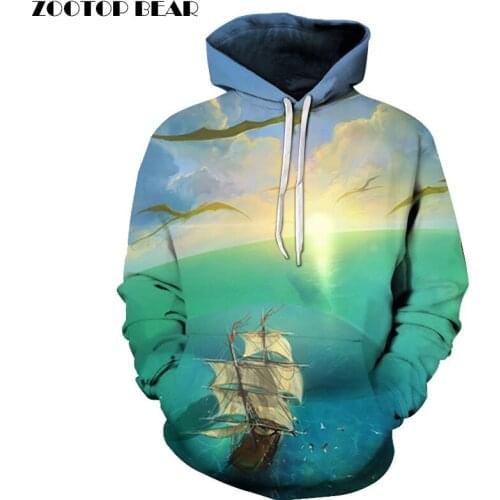 Sea ship Pritned Pullover Men Women hoodies Autumn Sweatshirts Pockets Hoodie Fashion Brand Outwear Hooded Coat ZOOTOP BEAR