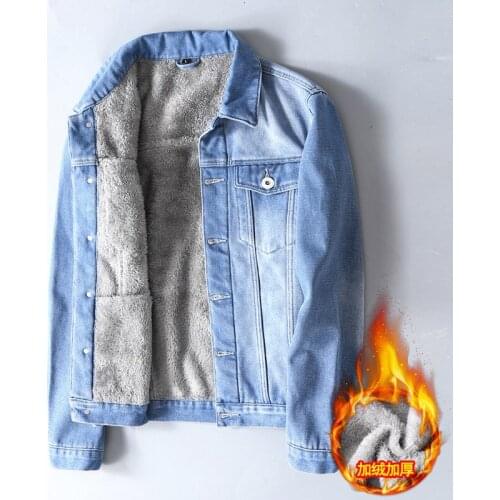 Men Winter Jeans Jackets Lightblue Cowboy Outerwear Warm Denim Coats Wool Liner Thicker Fleece Plus Size 5xl solid