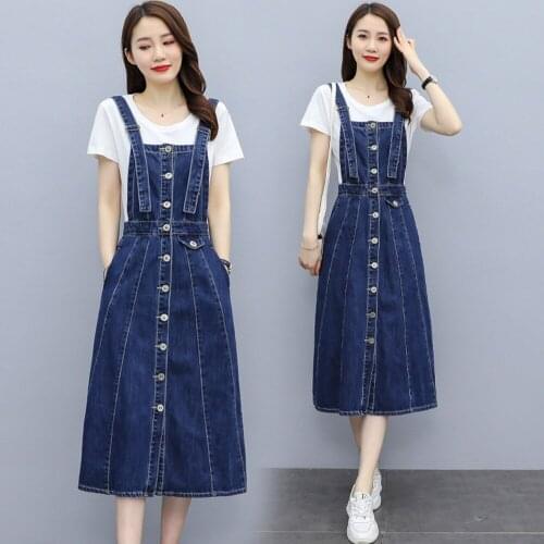 New Summer Women Dresses Casual Retro Pockets Single Button Collect Waist Solid Straps Vest Jeans For Females Denim One-Piece