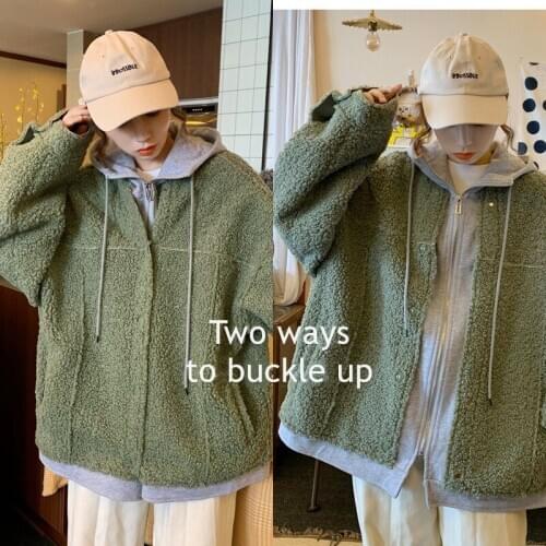 2020 Korean version of autumn and winter loose lamb wool fake two-piece hooded thick coat plus size