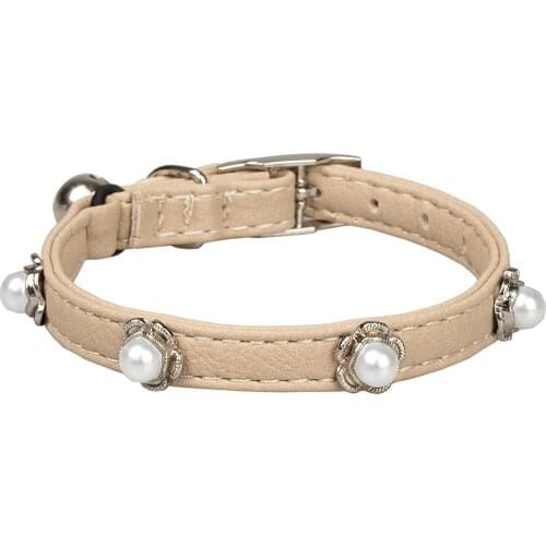 Cat Collar with Bell Leather Dog Collars Christmas Adjustable Cute Pearl Small Girl Jewelry Beige S