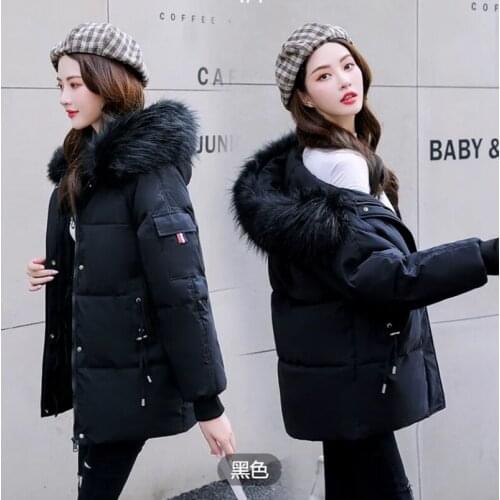 Parkas Winter Womens Mid-Length Student Cotton Coat 2021 New Thick Padded Coat Large Fur Collar Loose Jacket