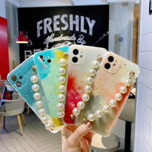 Resin Pearl Wrist Chain Watercolor Case for iPhone 12 Pro Max Back Phone Cover for 12 11 Pro Max X XS XR 8 7 Plus SE 2020