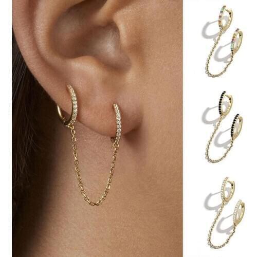 1pc Two Hole Piercing Earrings For Women Rhinestone Chain Ear Buckle 2 Metal Colors Chain Earring Party Jewelry Supplies