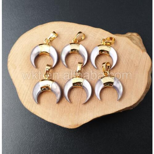 WT-P959 Wholesale Tiny grey shell crescent horn pendant,24k gold trim grey crescent horn pendant 20mm