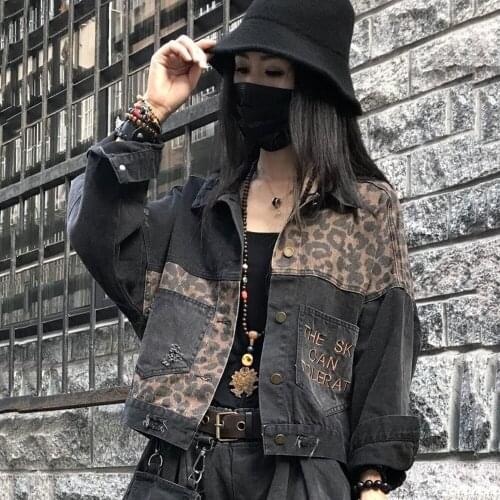 Women Denim Jacket Vintage Leopard Black Spring Style Harajuku Punk Jean Jackets Coat Loose Pocket Fashion Street Denim Coat