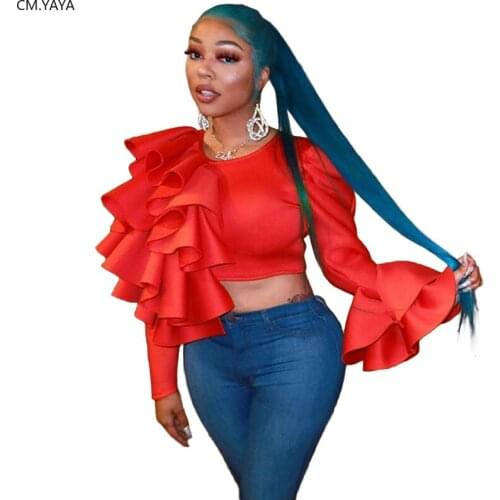 2020 Women Spring Summer O-Neck Long Sleeve Solid Color T-Shirt Sexy Fashion Night Club Wear Tees Ruffles Slim Crop Tops GL19041