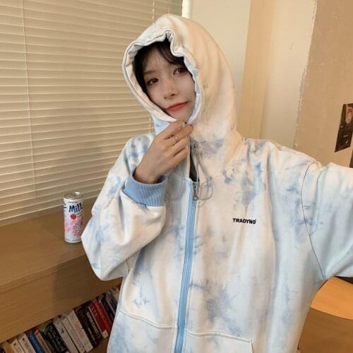 Women Sweatshirt Tie-dye Printed Zipper 2021 Autumn New Hoodies Long Sleeve Pullovers Oversize Outerwear Loose Female Hooded