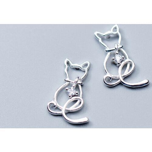 MloveAcc Hollow Lovely Cute Cat Stud Earrings 925 Sterling Silver Earrings for Women Fashion Zircon Jewelry Christmas Gifts