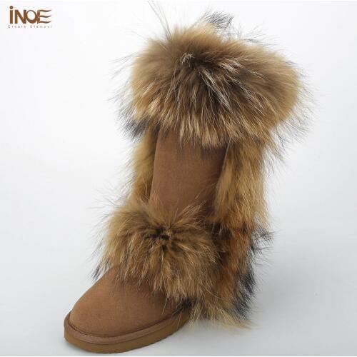 Fashion big fox fur real cow suede leather high quality winter snow boots for women winter shoes tall boots non-slip sole 35-44