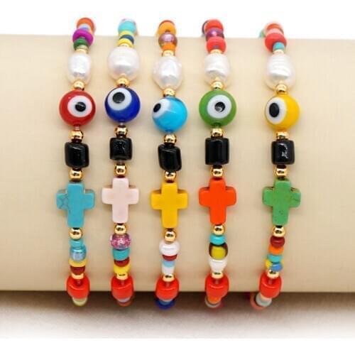 GO2BOHO Rainbow Beads Cross Bracelets For Women Christian Lucky Evil Eye Bracelet Moda Pearl Pulseras Colorful Handmade Jewelry