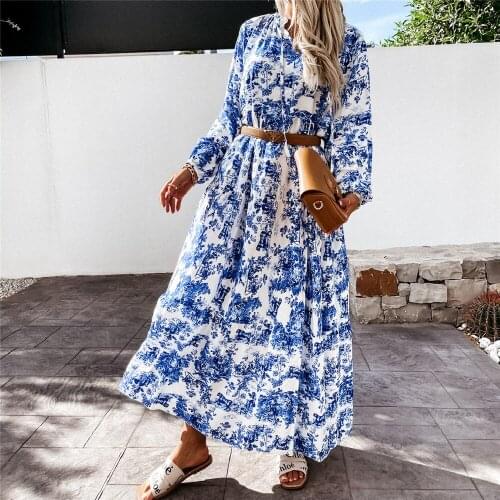 Elegant Blue Floral Print Long Sleeve Maxi Dress Women 2021 V Neck Ruffled Beach Dresses Casual Loose Autumn Summer Vestido 2021