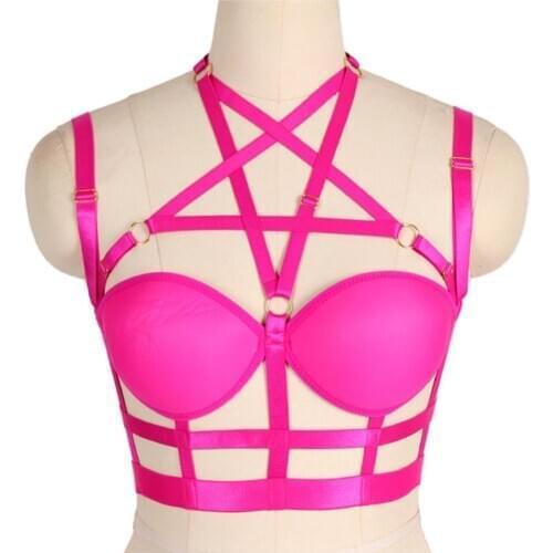 Women Lingerie Harness Bra Pentagram Frame Cage Breast Full Cup Top Elastic Halloween Rave Sexy Body Harness Gothic Bustier