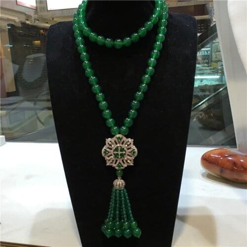 Womens fashion natural green stone micro inlay zircon clasp tassel necklace long sweater chain fashion jewelry