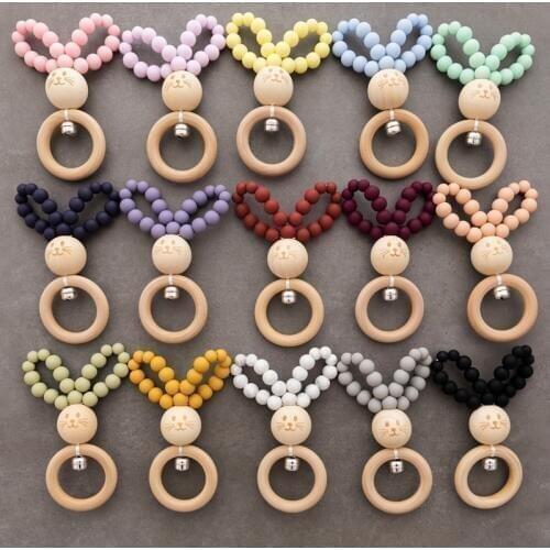 Bite Bites 1PC Silicone Baby Teether Rodents Rabbit Bell Bracelet Silicone Beads Wooden Rings Baby Teether For Childrens Goods