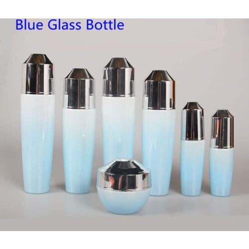 10Pcs High Quality Blue Glass Empty Emulsion Bottle Lotion Pump Bottle Glass Cosmetic Bottle Blue White 30ml 40ml 120ml 150ml