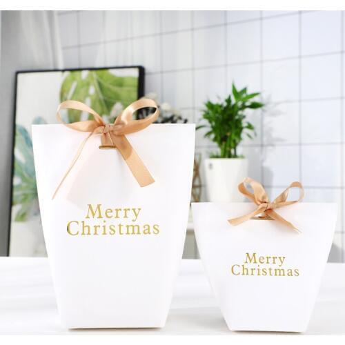 15pcs/50pcs Gold Print Merry Christmas Gift Box Ribbon Included Candy Cookie Biscuits Packing Bag Party Paper Bag Xmas Decor