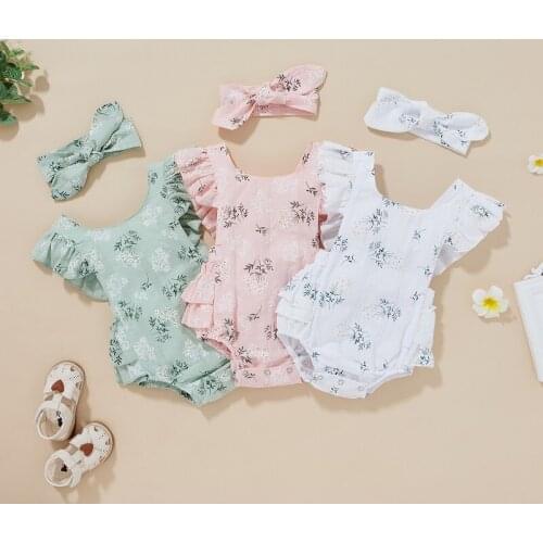 0-24M Cute Newborn Baby Girl Ruffles Sleeve Floral Romper Jumpsuit Playsuit Headband 2PCS Outfits Summer Clothes
