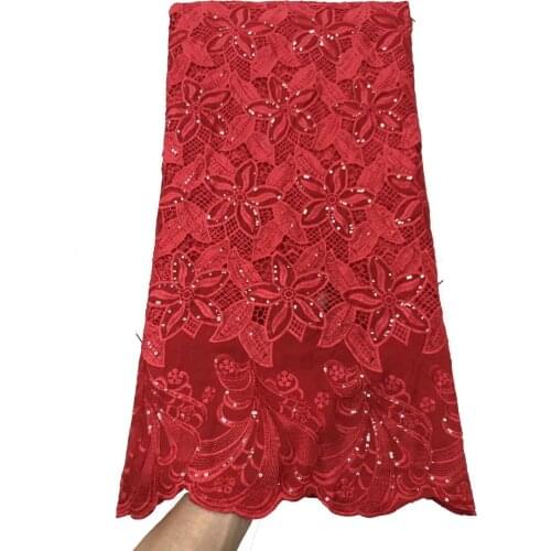 2021 High Quality African Lace Fabric Embroidery Swiss French Tulle Cotton 5yards Wedding Party Dress Guipure Sequins Red Lace