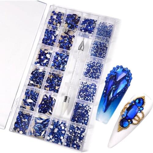 21 Grid Multi-Size Blue Rhinestones and Decorations for Nail Art 2021 Fashion Acrylic Nails Accessories for DIY Manicure Design