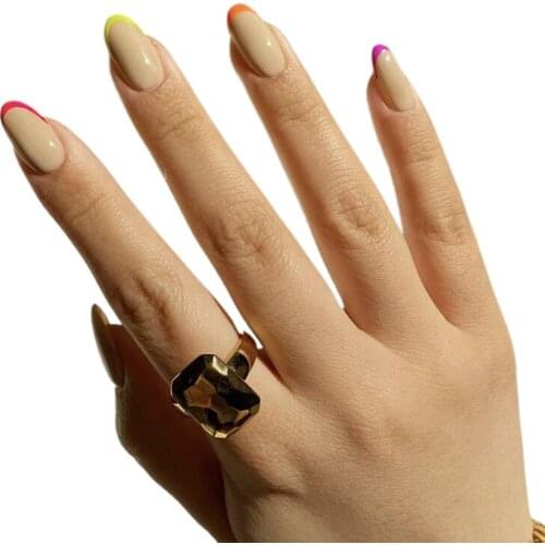 24Pcs/Set Rainbow Colors Fake Nails Round Head Glue Type Removable Mid Length Paragraph Fashion Manicure Set Nail Art Tools