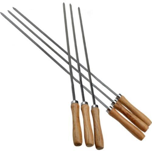 Promotion! Kebab BBQ Stainless Steel Skewers with Wooden Handles Flat Reusable Metal Skewer Sticks with Storage Pouch 6Pcs