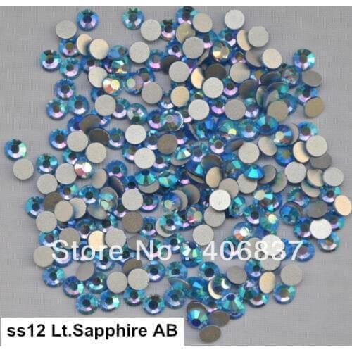 Free Shipping! 1440pcs/Lot, ss12 (3.0-3.2mm) Light Sapphire AB Flat Back Nail Art Glue On Non Hotfix Rhinestones