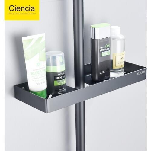 Free Shipping Stainless Steel Shower Bar Storage Rack Black Storage Shelf Shower Bathroom Pole Storage Tray Holder