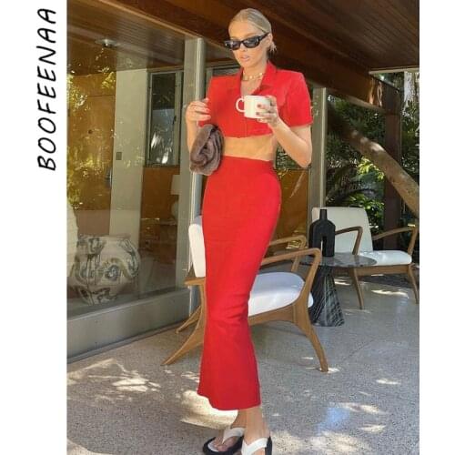 BOOFEENAA Fashion 2021 Fall Women 2 Piece Set Cropped Cardigan Blazer and Maxi Skirt Set Elegant Sexy Dress Suits C85-EZ38