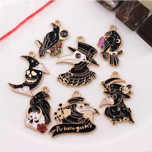 10pcs/pack Halloween Cute Bird Crow Skeleton Enamel Charms DIY Jewelry Accessories Dripping Alloy Earrings Key Ring Pendant