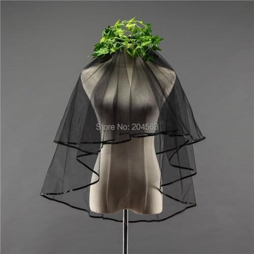 Two-Layer Elbow Length Black Wedding Veil Tulle Veil for Bride with Satin Ribbon Edge