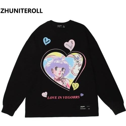2021 Fashion Long Sleeve Tees Shirts Japan Style Anime Girl Print Streetwear Hip Hop Loose Summer Tshirts Men Kawaii Clothing